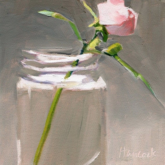 Pink Rose in a Glass Jar on Gray Background