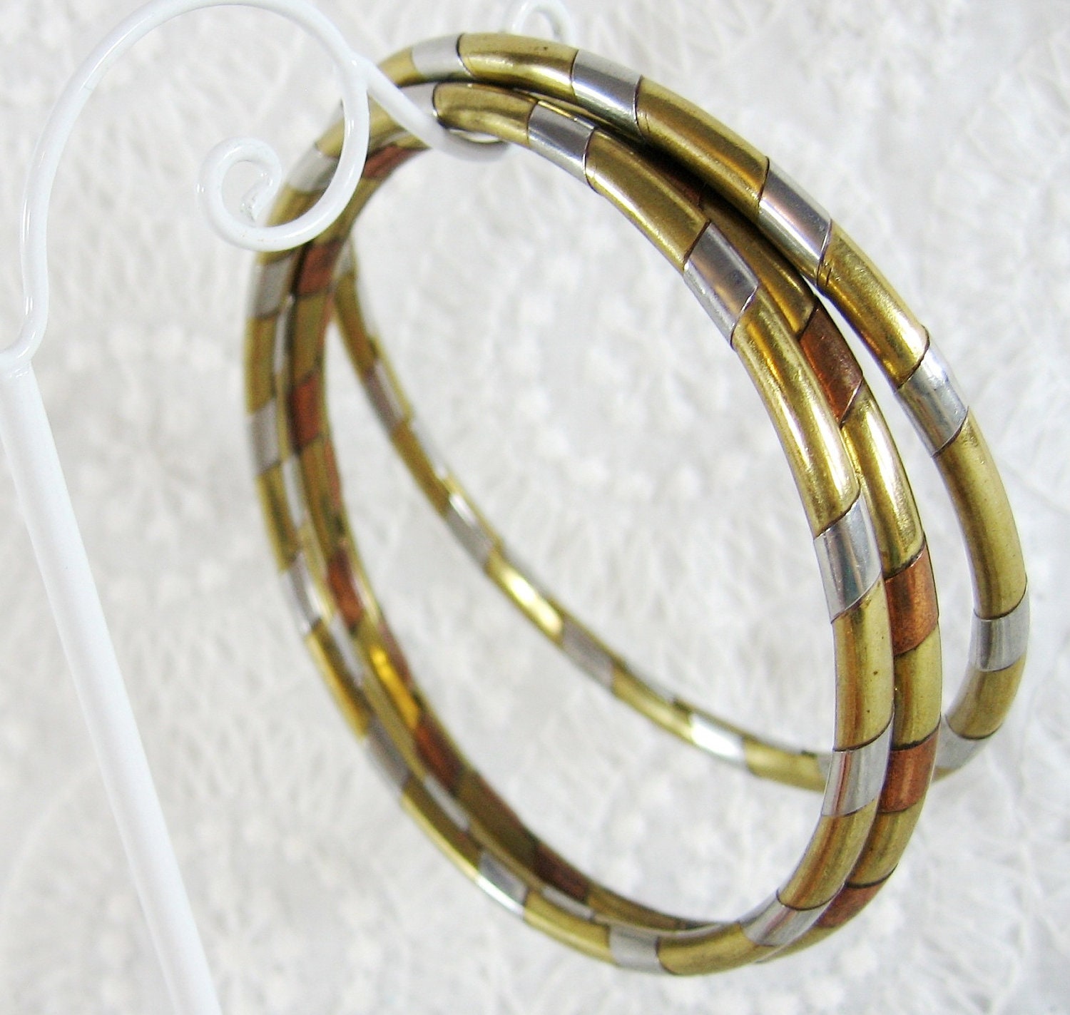 Vintage Bracelet Set, Two Tone Mixed Metal Bangles, Brass Copper Silver Striped, 1970s Modernist Modern Jewelry