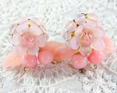 Vintage Cluster Earrings, Pink Flowers, Glass Beads, Lucite Leaves, Designer WESTERN GERMANY, 1950s Mad Men Floral Nature Jewelry