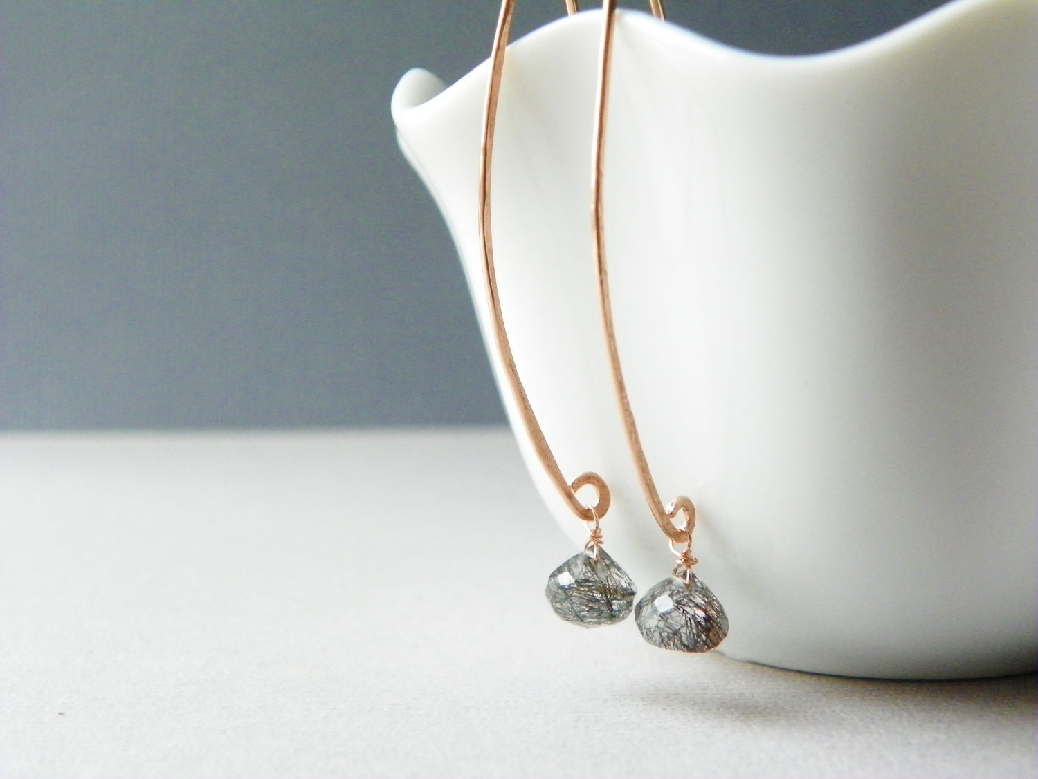 Rose Gold Drop Earrings with Rutilated Quartz. Rose Gold Earrings. Long Gold Earrings. Black Gemstone Earrings. Hammered Gold Jewelry.