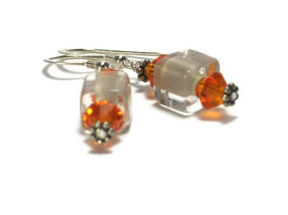 Furnace Glass, Dangle Earrings, Off White, Ecru, Orange, Swarovski Elements Crystal Sun - LandKbeads