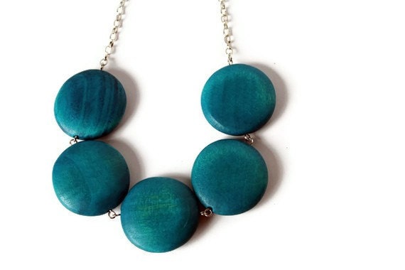 Teal Round Chunky Bead Necklace. Big Round Blue Wood Beads.