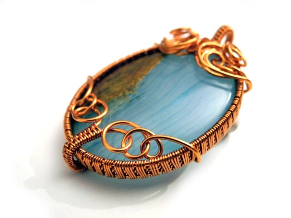 Wire wrapped Copper pendant with natural Jasper, round, oval, woven, teal turqouise and french roast - NurrgulaJewellery