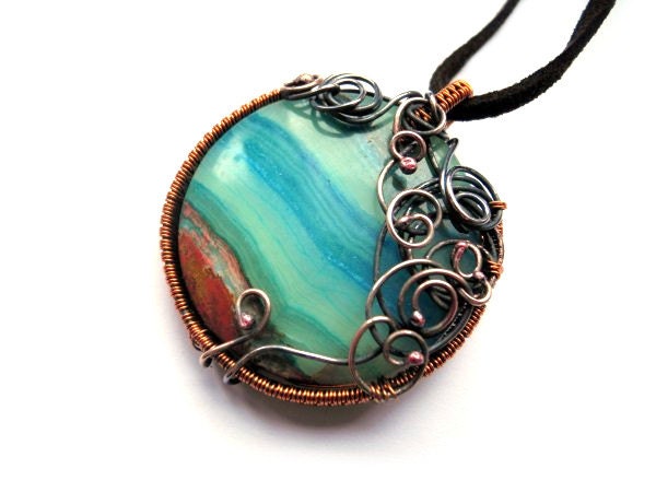 Jasper Copper Necklace - Jade Teal Turquoise - French Roast Necklace - Geometric Necklace - Wire wrapped Copper Necklace