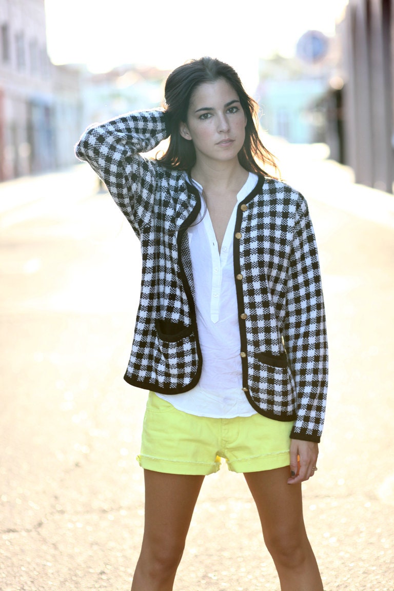 Black White Houndstooth Pocket Cardigan Sweater - Scotty