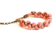 Fabric bracelet, coral statement jewelry, arm party friendship bracelet salmon pink copper chain