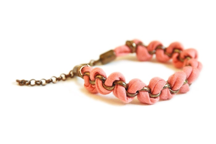 Fabric bracelet, coral statement jewelry, arm party friendship bracelet salmon pink copper chain