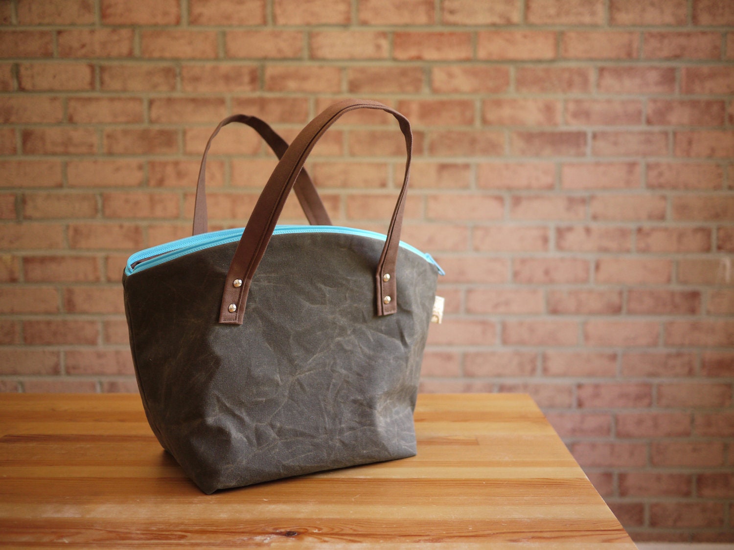 Waxed Canvas Zipper Tote in Dark Oak- Small Vegan Day Bag