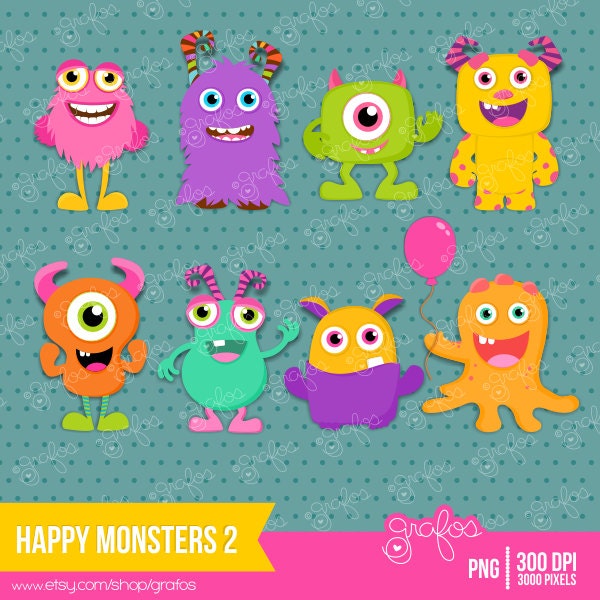 HAPPY MONSTERS 2 Digital Clipart, Monsters Digital Clipart, Monsters Clip Art / Instant Download Il_570xn