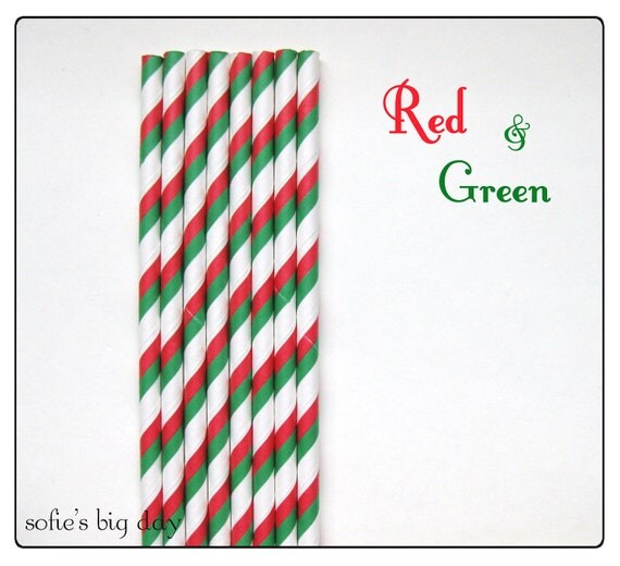 RED and GREEN Stripe Staws- cake pop sticks- Christmas paper straws- printable flags-25 count Il_570xn