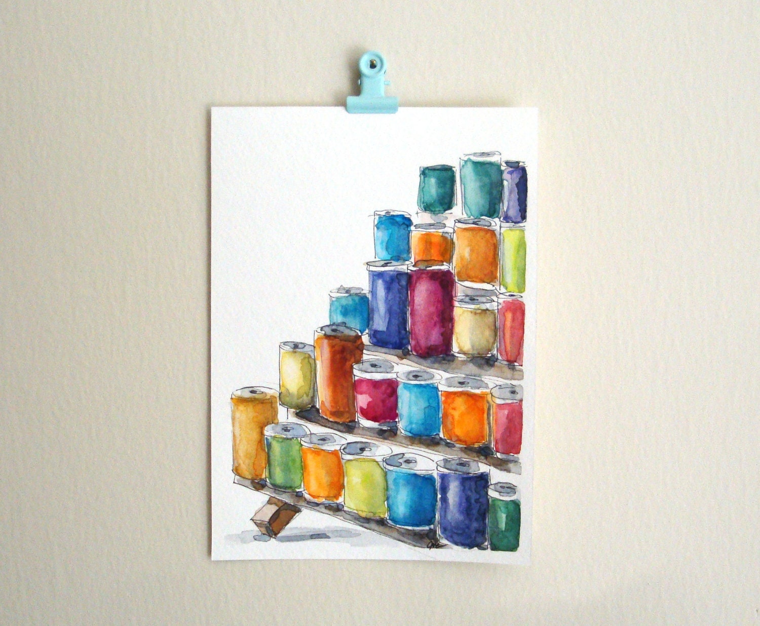 Sewing art thread spools watercolor painting gift for crafter gift for seamstress colorful sewing room decor