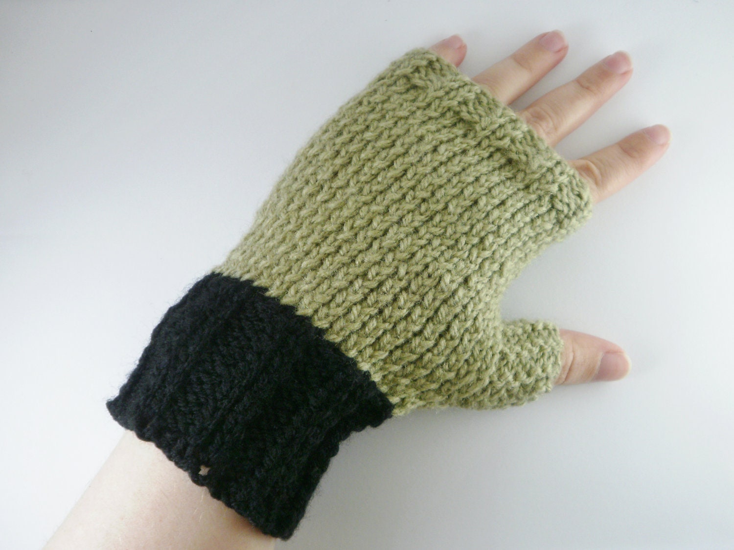 Black and khaki green fingerless gloves , hand knit black gloves , colour block style