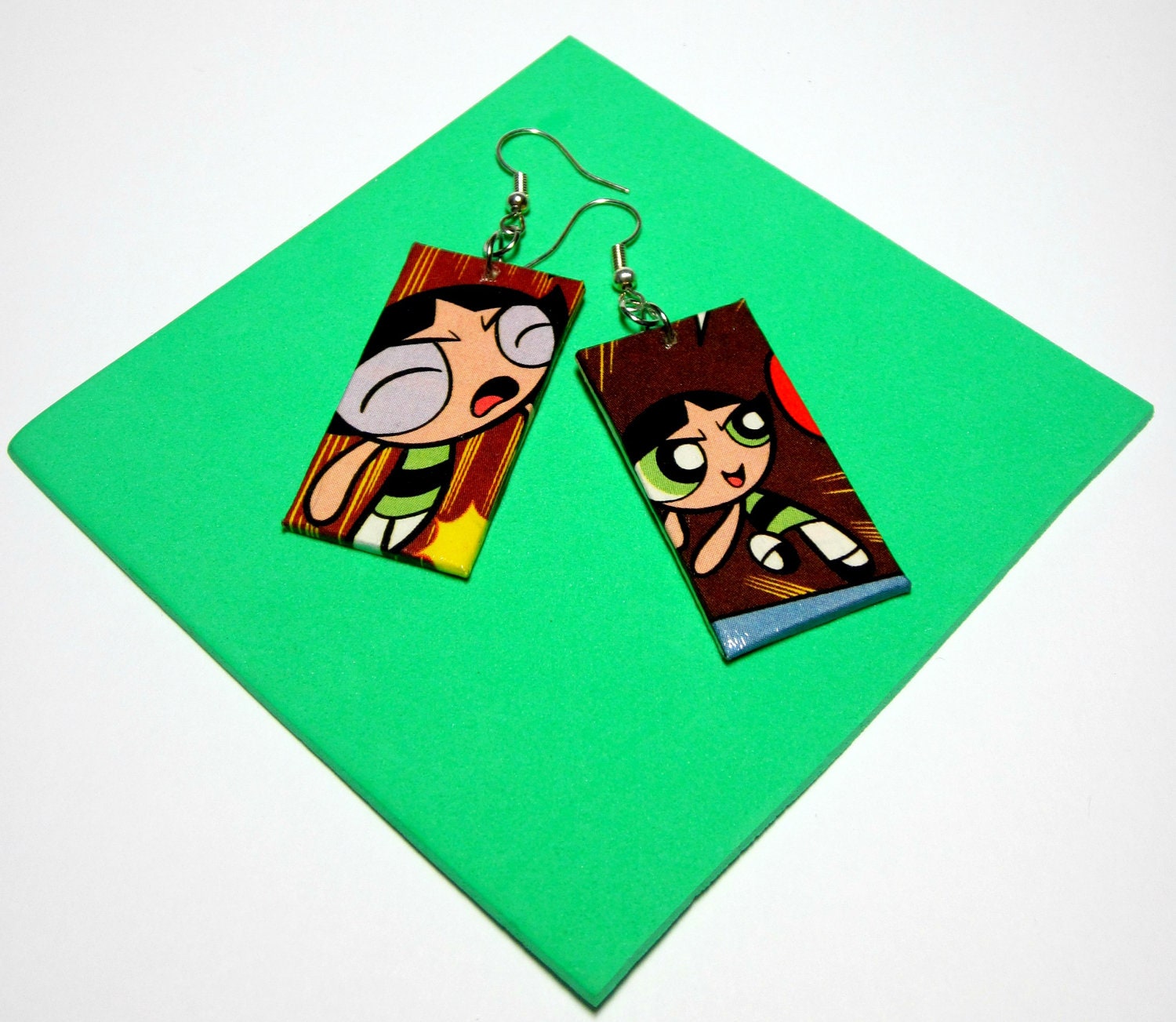 PowerPuff Comic Capture Earrings. Upcycled Recycled Comic Collage. Buttercup. Power Puff Girls. Wood Base. Nickel Free. DC Comics.