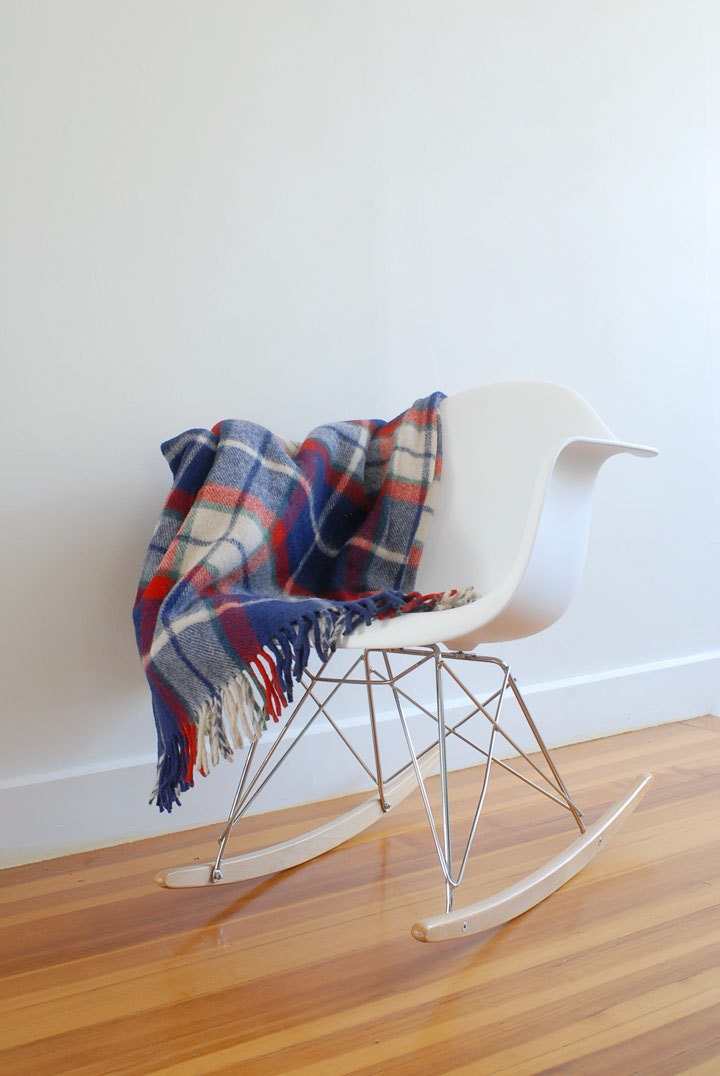 Lovely Vintage Wool Throw Blanket - Plaid Navy, Red, Green, and Cream Afghan