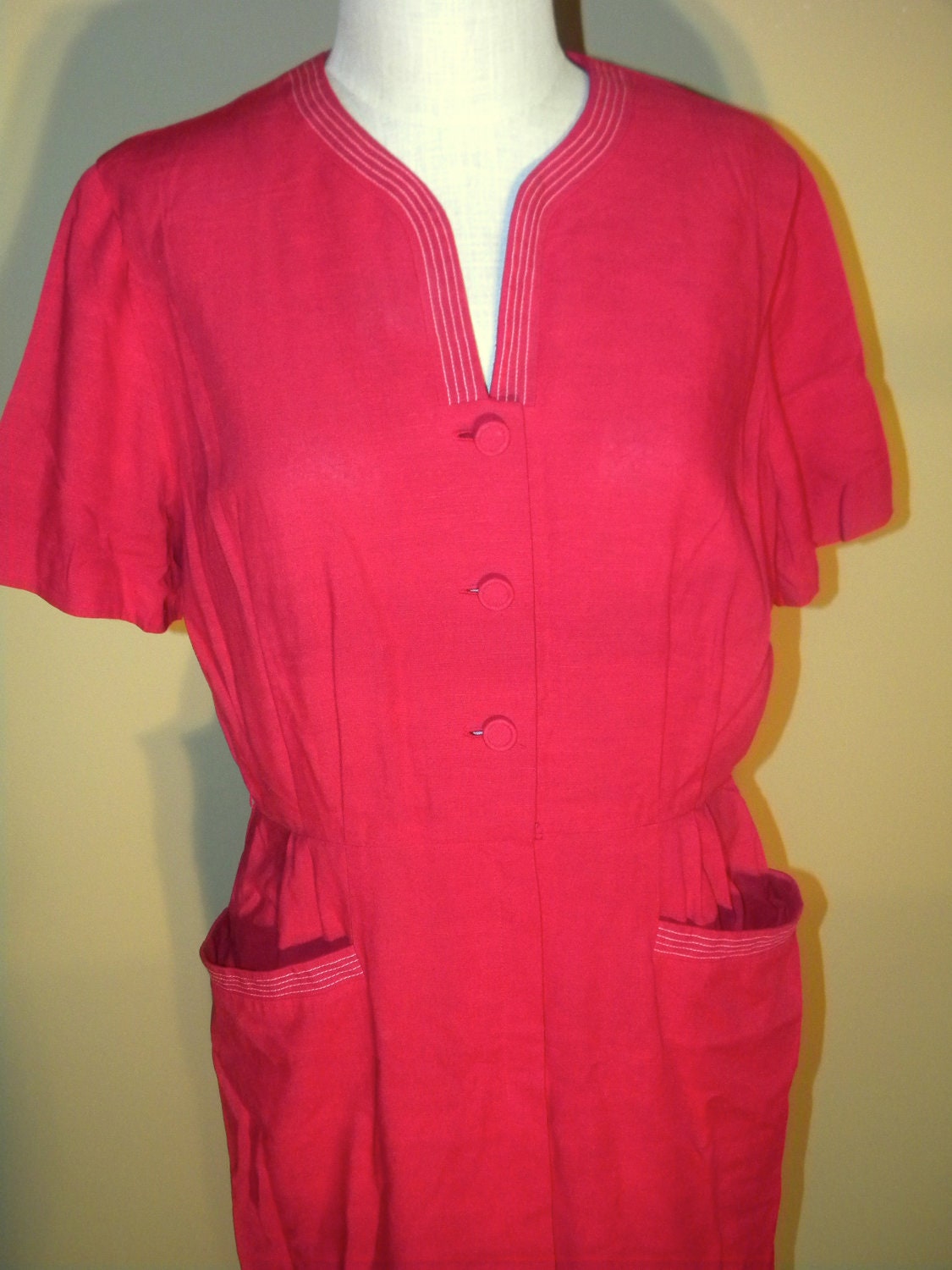 1960s Unique "Mad Men" Style Big Pocket Linen Dress w/ Detail Stitching & Cloth Buttons Plus Size L/XL