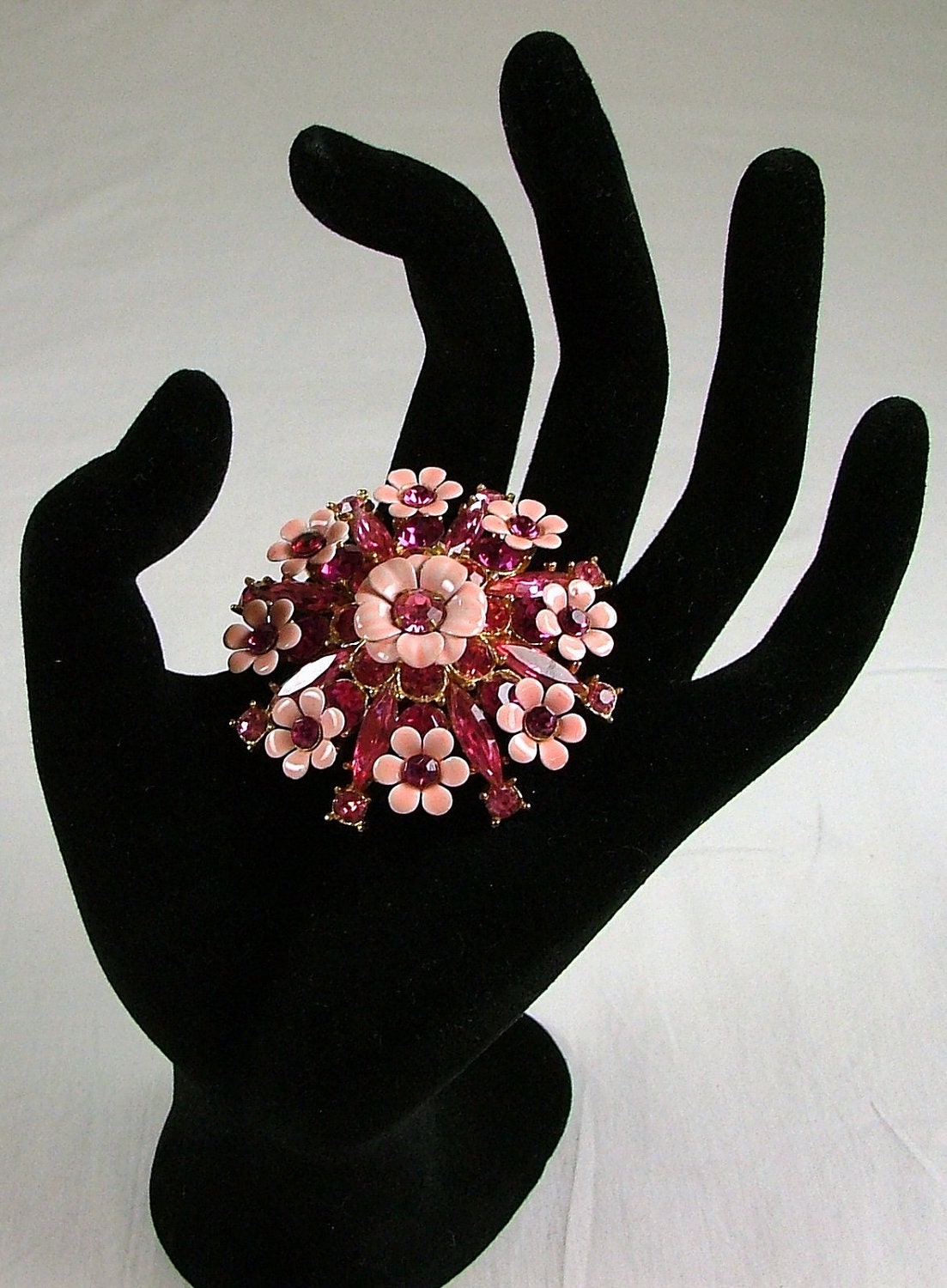 Vintage Pink Enameled Flower and Rhinestone Brooch