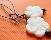 Woodland Flower Earrings on Long Antique Bronze Fishwires, Boho Chic Semi Precious Creamy White Freshwater Mother of Pearl, Free UK Delivery