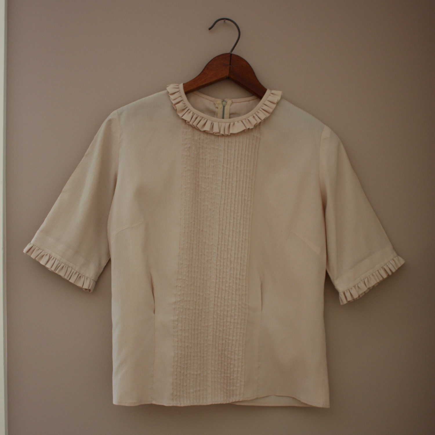 Vintage Ruffled Trim Ivory 3/4 Sleeved Pleated Handmade Blouse MEDIUM