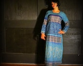 Vintage Blue Paisley Embroidered Dashiki- Indian Peacock Cotton Tunic- Yin & Yang Maxi Dress- Indian Cotton- Made in India