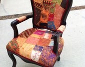 Patchwork French Accent Chair Upholstered in Red Coral Orange Blue Purple Pink Yellow Green Black White Gold by Heather Rudd Throne