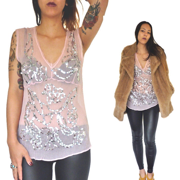 HOLA VINTAGE Silk Pastel Pink Sequin Flapper Tank - Sequined Chiffon Silk Top - Glam Sheer Sequins Loose Fit Singlet - Size Small - Medium - HolaVintageShop