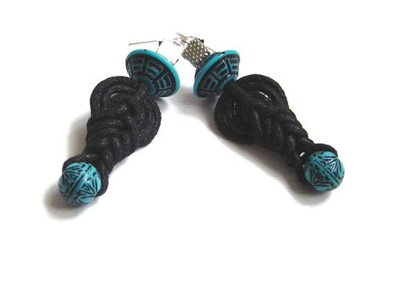 Knot earrings, black dangle earrings,statement earrings, macrame, Black&Turquoise, beaded earrings, gift for her, OOAK