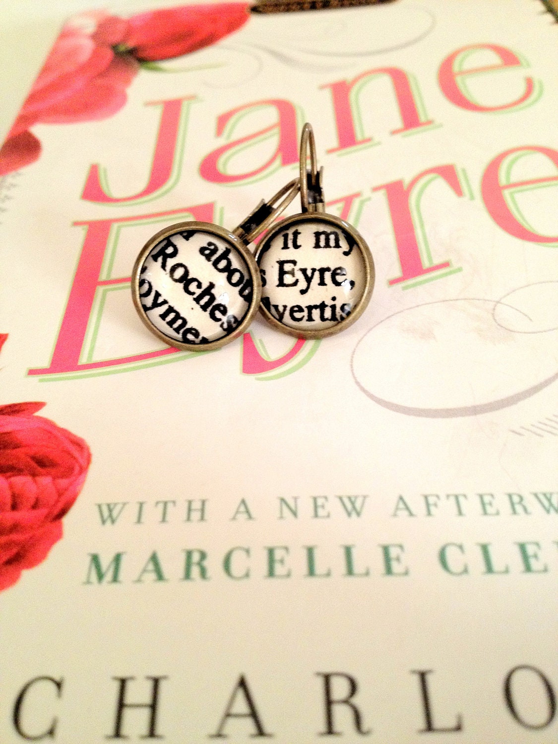 Jane Eyre and Mr Rochester Antiqued Bronze Dangling Book Page Earrings from Charlotte Bronte's Novel