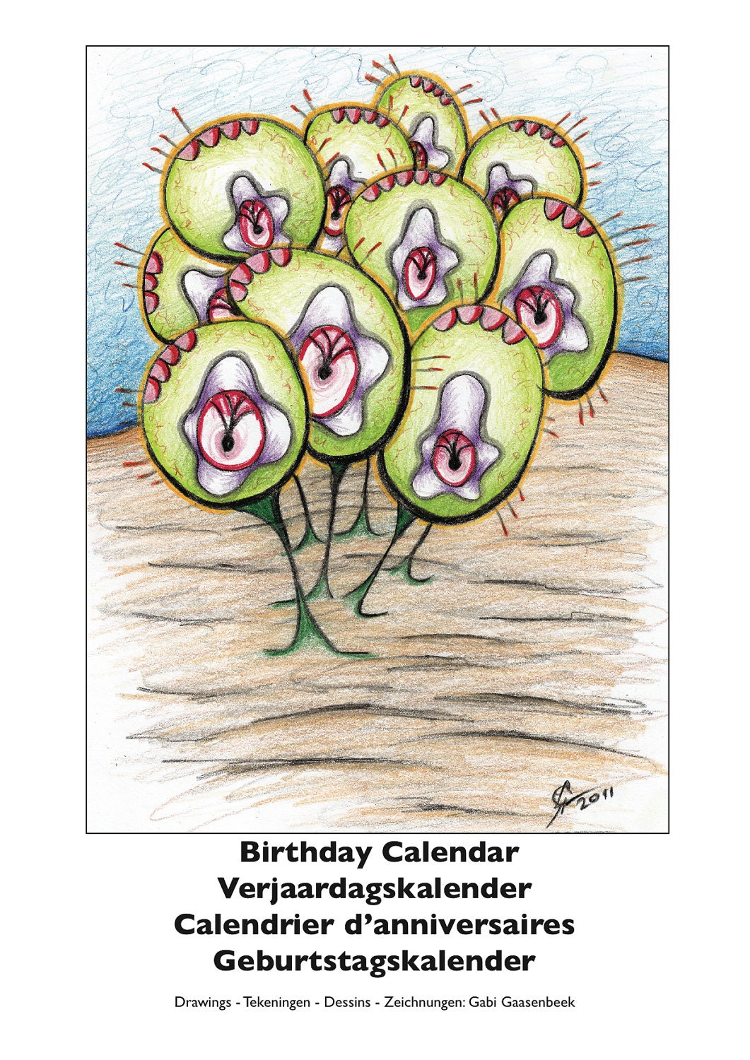 Birthday Calendar with fantasy drawings (4 language)