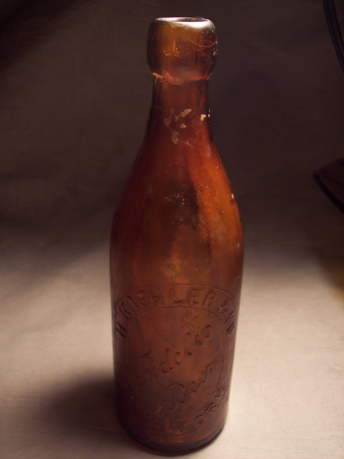 Amber Embossed Glass Mold Blown Beer Bottle, Blob Top 1800s