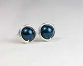 Dark Blue Stud Earrings Wire Wrapped Jewelry Handmade Sterling Silver Jewelry Handmade Swarovski Pearl Earrings Blue Pearl Stud Earrings