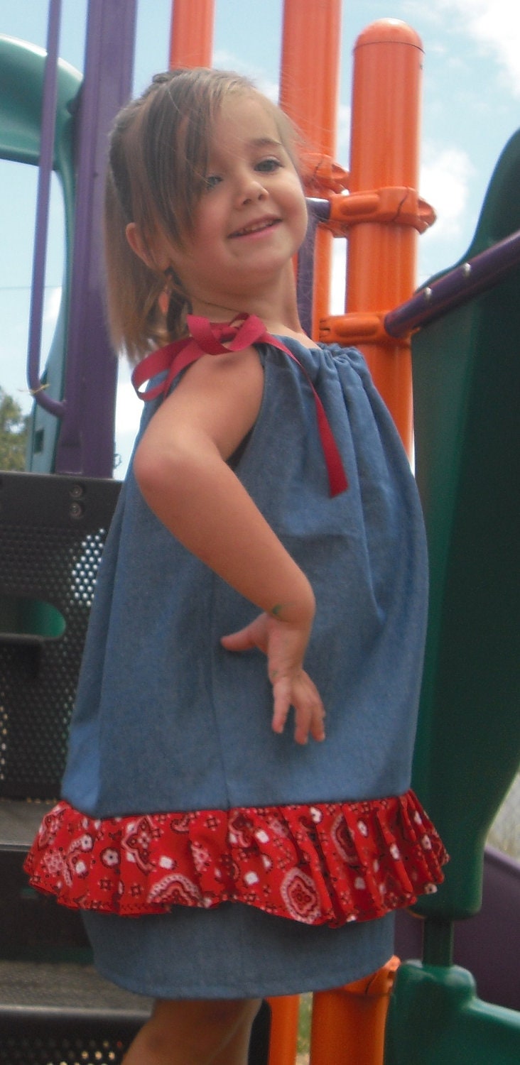 Pillowcase Style Sundress Country Denim Blue or Red Bandana Trimmed 2T & 4T Two of a Kind