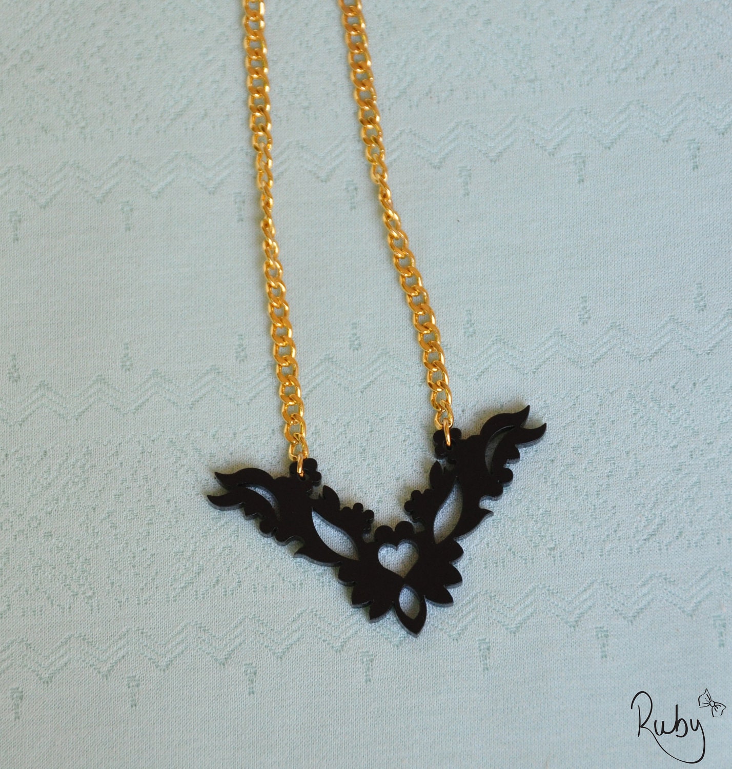 Black vintage lace laser cut acrylic necklace - 24k gold plated chain