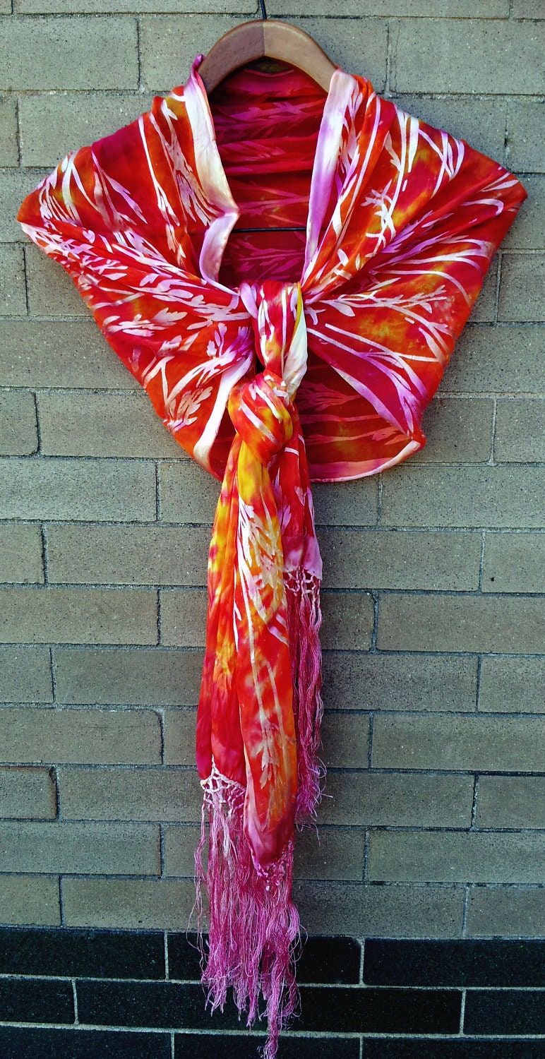 Red and Orange Satin and Silk Scarf w/ Fringe 22"x72"