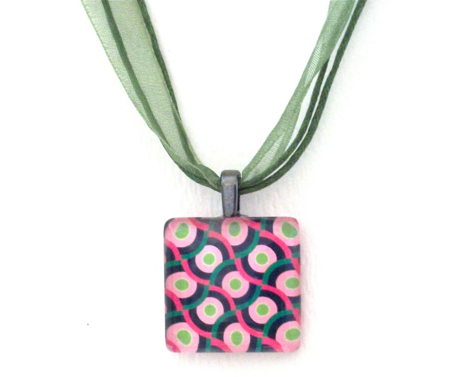 Glass Pendant Necklace - Pink, Green & Navy Op Art Design - 1 Inch Square Puffy Glass Tile - Medium Gunmetal Bail - Green Ribbon Necklace