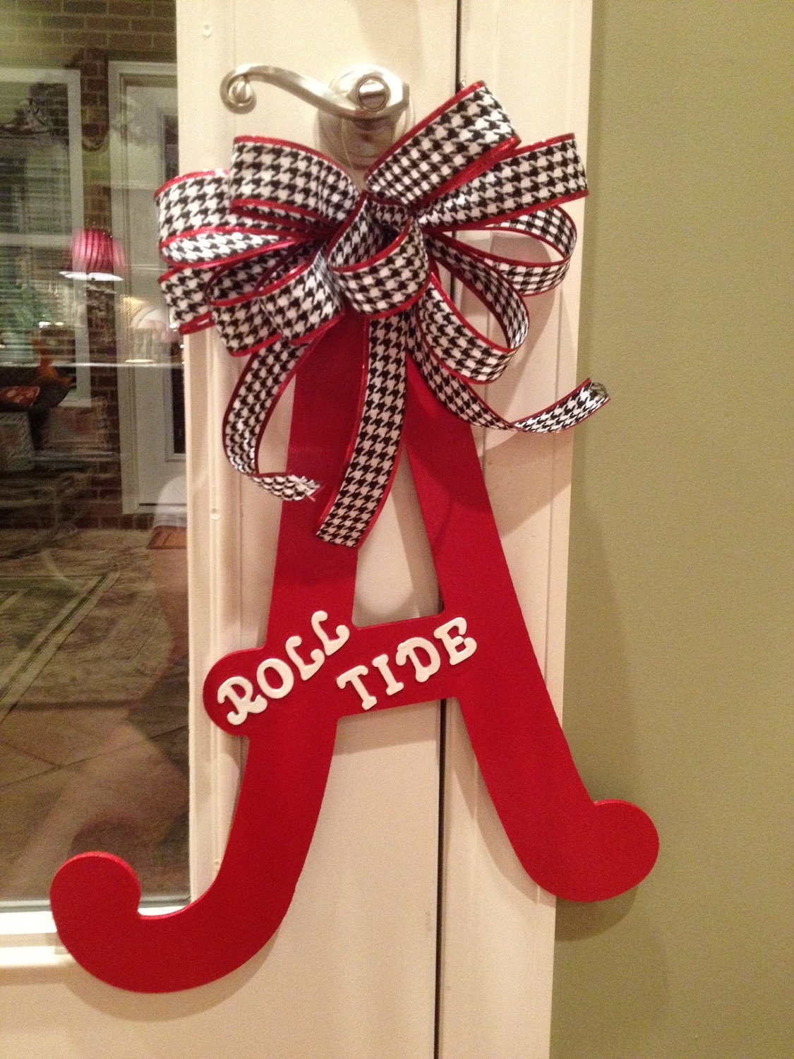 Alabama "A" door decor/Red and White with Houndstooth ribbon