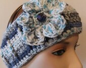 Handmade Crocheted Woman Girl Headband Crochet Handmade Hand Crocheted Ear Warmer Accessory Blue White Flower with Button
