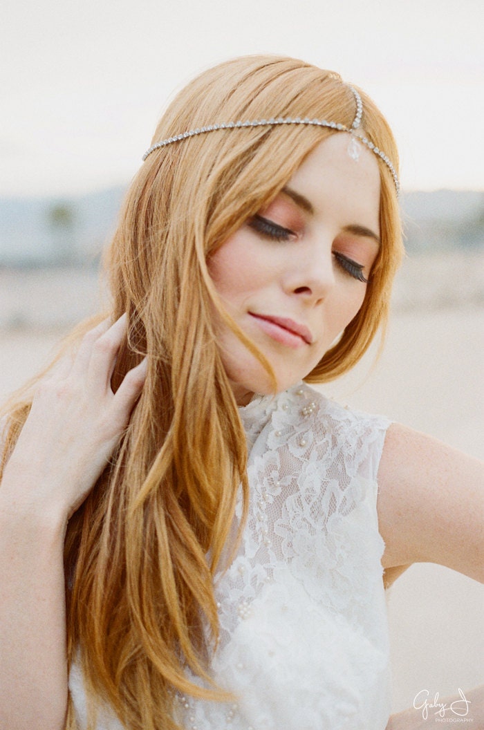 Diamond Like Crystals Bridal Headpiece Crown Headdress faux Diamonds Chain Tattoo Alternative Steampunk Art Nouveau