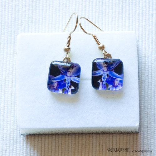 RESERVED Earrings Australian blue orchid flower shimmery metallic glass tile photo gold hook spring Wa street team something wedding