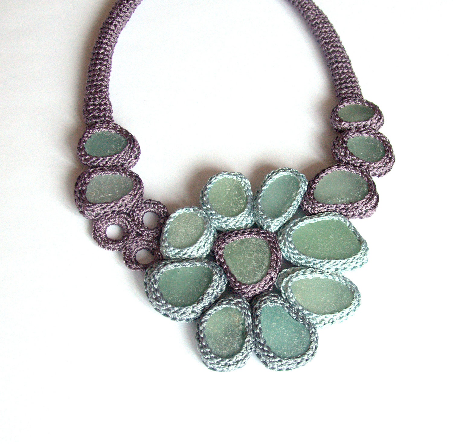 Bib necklace, seaglass jewelry, beach Weddings 14 sea glass lavender blue statement textile collar crochet OOAK UK Birthday  gift her