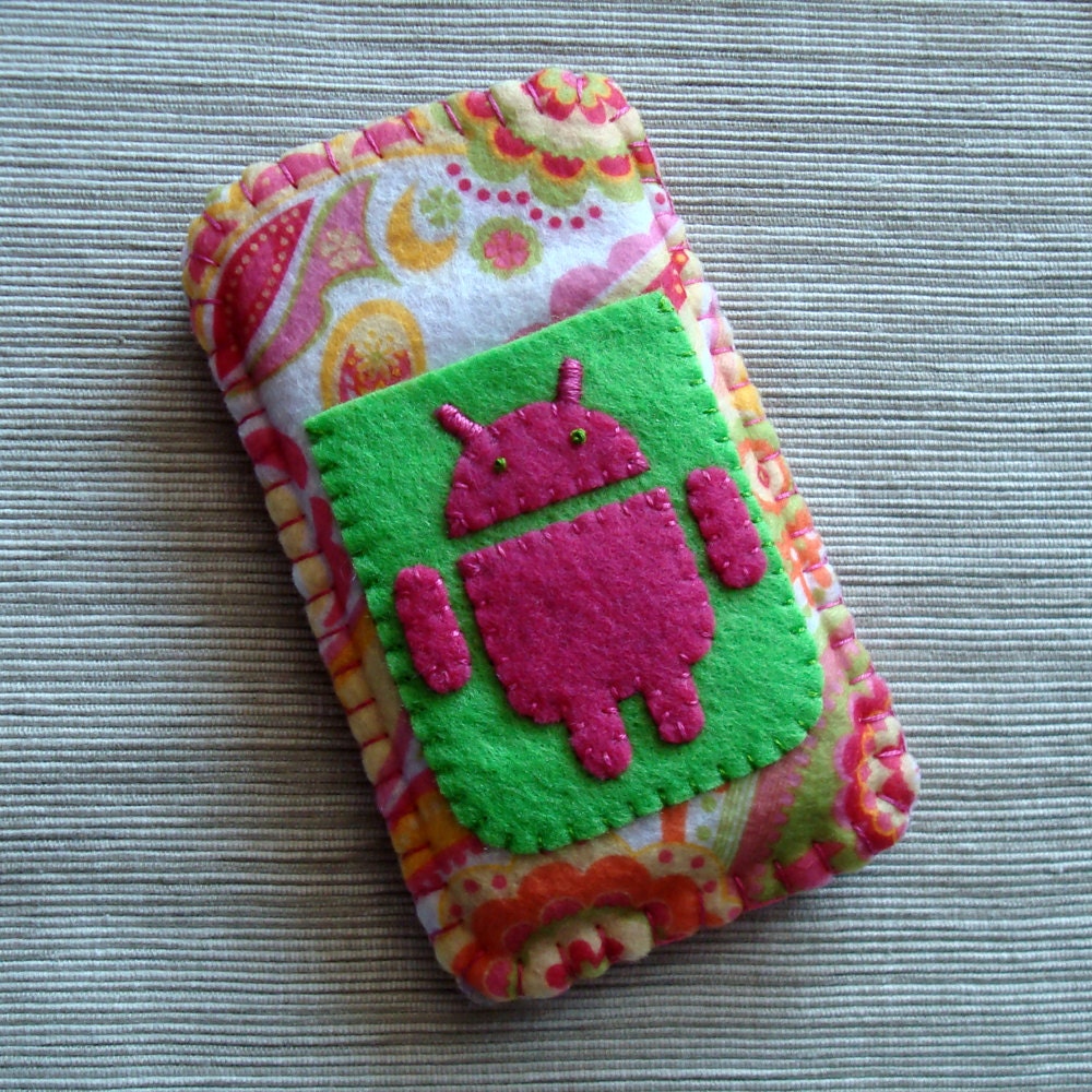 Android Phone Case with Pink and Green Paisley Felt LIMITED EDITION