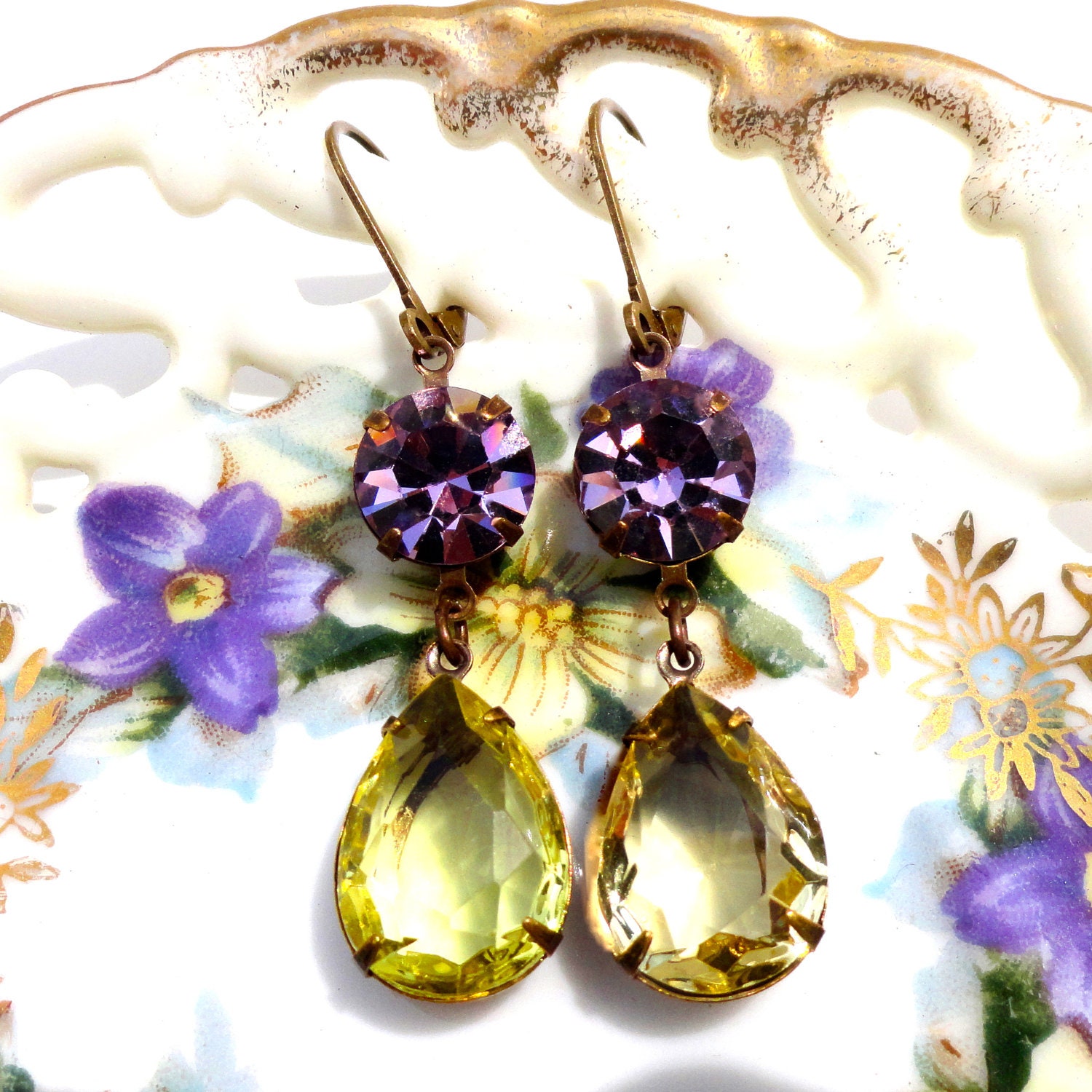Amethyst Citrine Earrings Swarovski Crystals Spring Prom Old Hollywood Estate Style
