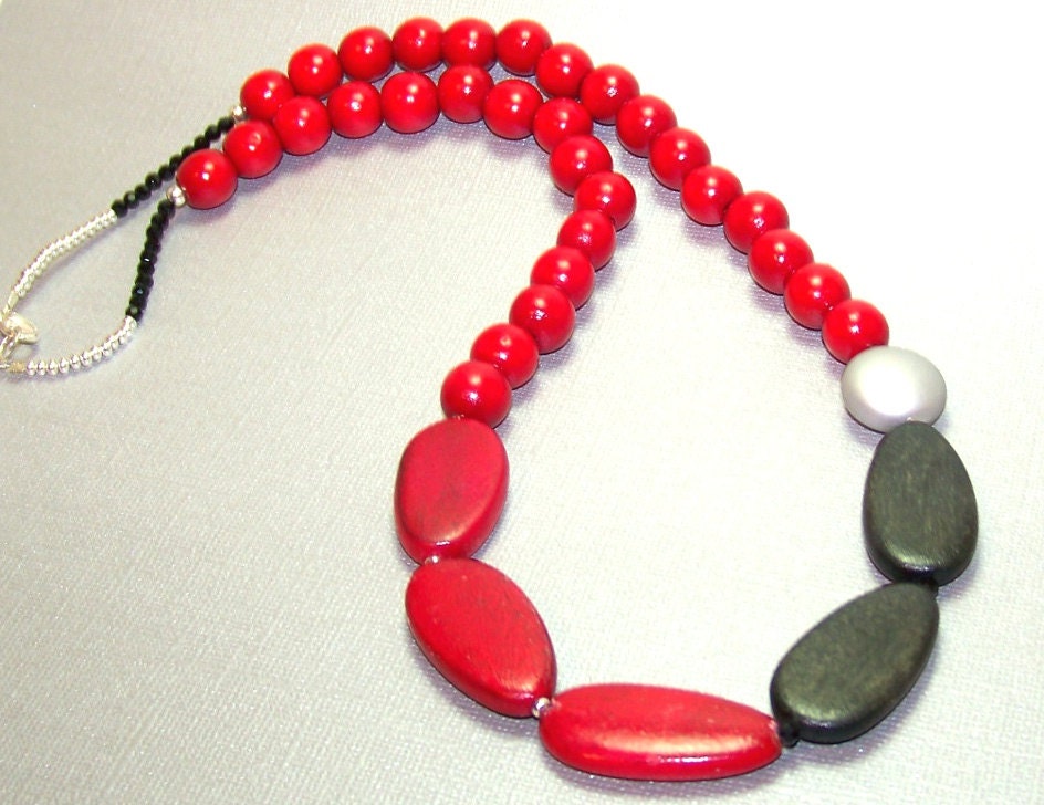 Red Wood Necklace. Color Block Red Black and Silver Wood Necklace. OOAK.On Sale.