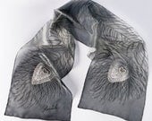 READY TO SHIP Hand Painted Monochrome Pure Silk Scarf  Peacock Feathers White and Black Grey Fashion Present Luck Love