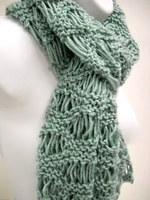 Lacy Knit Scarf - Hand Knit Scarf in Grayed Jade - by Stitchknit