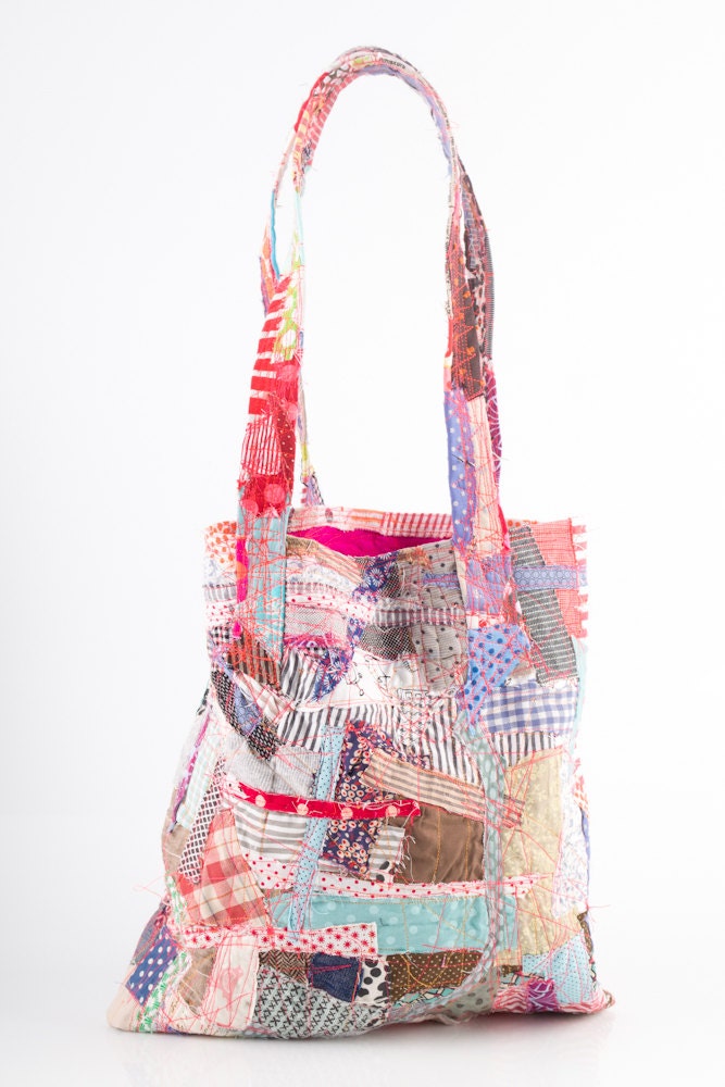 ooak Tote Shoulder Bag , Crazy Patchwork , upcycled  Fall colors, light beige and earth tones Cotton scraps   - all Handmade