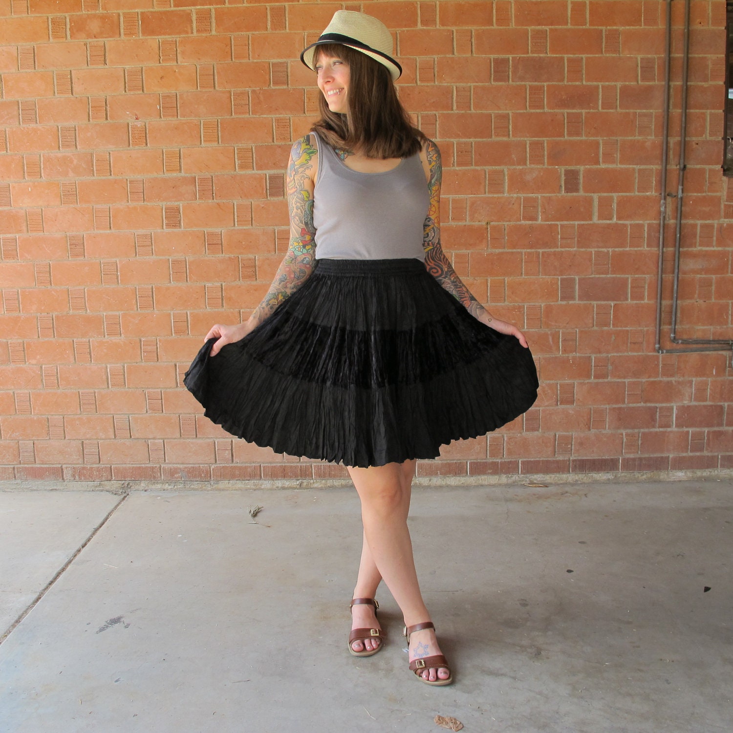 Vintage Black Velvet Crinkle Skirt