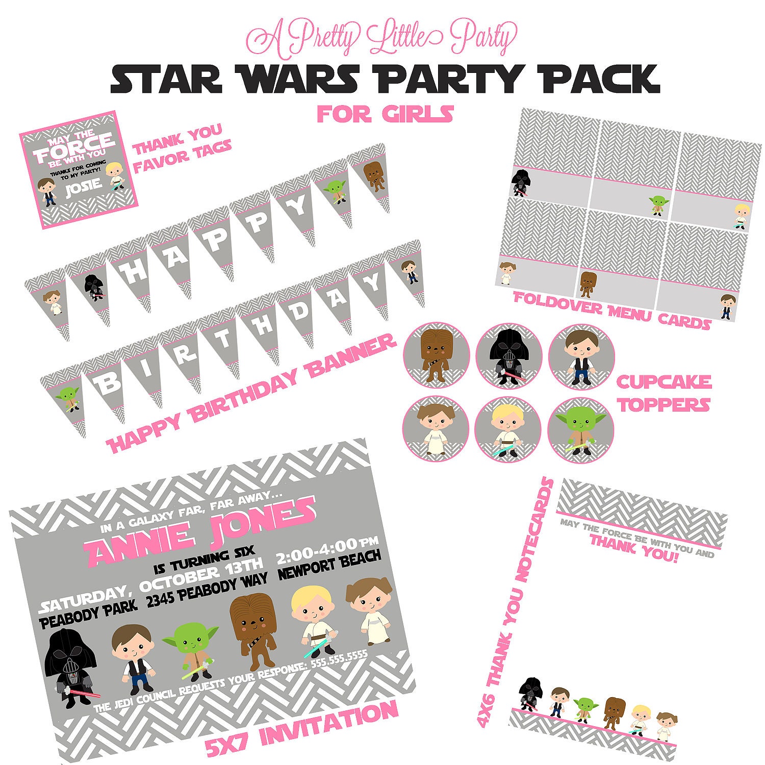 Star Wars Custom Birthday Party Pack for Girls - Star Wars Party Invitation - Party Supplies Il_570xn