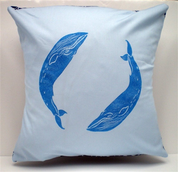 CUSHION - Blue Whale Ocean Print - Pale Blue Pillow - Nautical Design - Pair of Whales Cushion