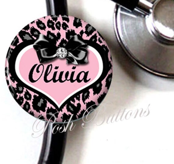 Stethoscope ID tag Pink Leopard Print with pink by PoshButtons