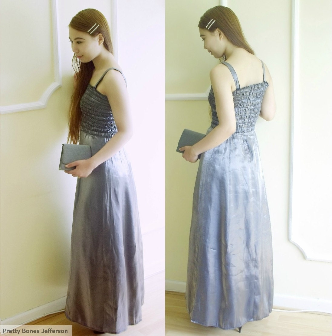 60s/70s - Silver metallic dress, long evening dress, space age, smocked bodice (small, XS)